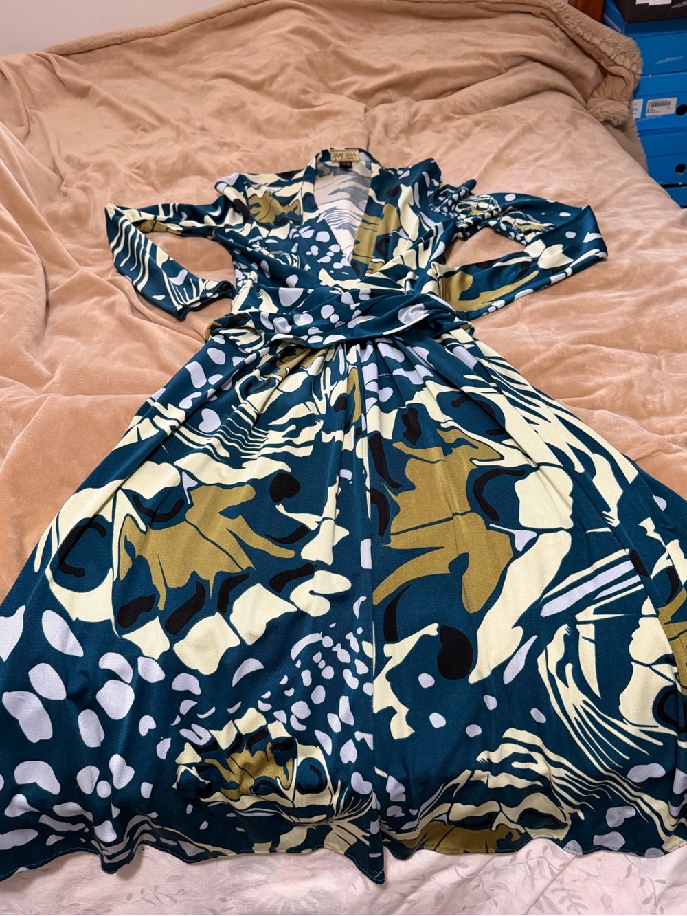 Issa London Silk Abstract Print Teal and Olive Wrap Dress US 6